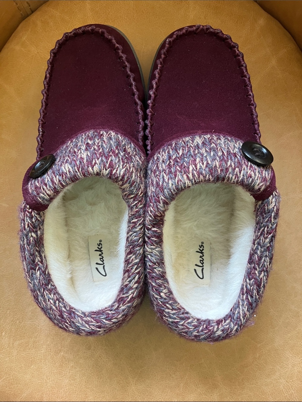 Clarks Women's Wine Knit-Trim Slip-On Slippers with Button Detail